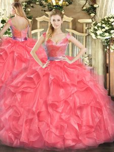 Floor Length Coral Red Quinceanera Dress Tulle Sleeveless Beading and Ruffles
