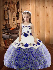 Multi-color Fabric With Rolling Flowers Lace Up Pageant Dress for Teens Sleeveless Floor Length Embroidery and Ruffles