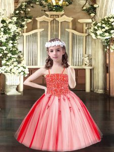Coral Red Ball Gowns Tulle Spaghetti Straps Sleeveless Beading Floor Length Lace Up Pageant Dresses