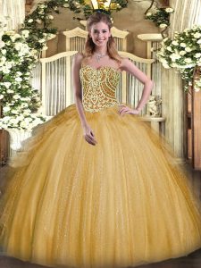 Fitting Floor Length Gold 15th Birthday Dress Organza Sleeveless Beading and Ruffles