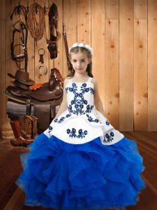 Blue Sleeveless Embroidery and Ruffles Floor Length Kids Formal Wear