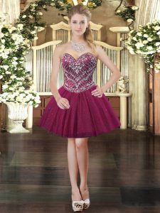 Burgundy Lace Up Prom Dresses Beading Sleeveless Mini Length