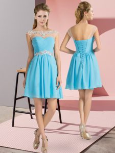 Fantastic Aqua Blue Dress for Prom Prom and Party with Beading Scoop Cap Sleeves Lace Up