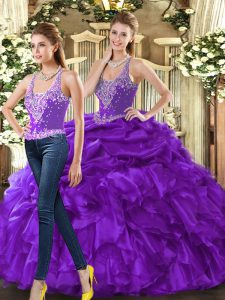 Eggplant Purple Ball Gowns Beading and Ruffles Sweet 16 Dresses Lace Up Tulle Sleeveless Floor Length