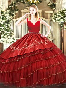 Wine Red Zipper Quinceanera Dresses Embroidery and Ruffled Layers Sleeveless Floor Length