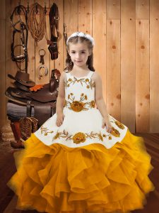 Gold Straps Neckline Embroidery and Ruffles Pageant Dress Sleeveless Lace Up