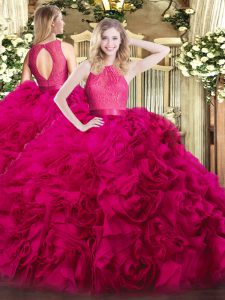 Graceful Floor Length Hot Pink 15th Birthday Dress Fabric With Rolling Flowers Sleeveless Lace
