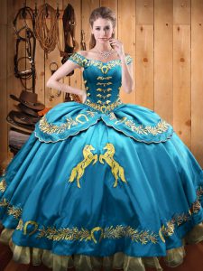 Hot Sale Baby Blue Off The Shoulder Lace Up Beading and Embroidery Ball Gown Prom Dress Sleeveless