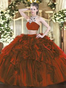 Beading and Ruffles Quinceanera Gown Rust Red Backless Sleeveless Floor Length