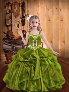 Perfect Olive Green Ball Gowns Straps Sleeveless Organza Floor Length Lace Up Embroidery and Ruffles Pageant Dress