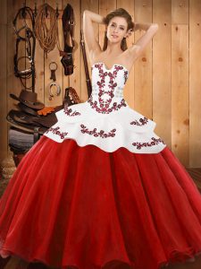 Red Lace Up Strapless Embroidery Sweet 16 Quinceanera Dress Tulle Sleeveless
