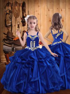 Floor Length Lace Up Little Girl Pageant Gowns Royal Blue for Sweet 16 and Quinceanera with Embroidery and Ruffles