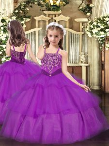 Floor Length Lace Up Pageant Dress Purple for Party and Quinceanera with Beading and Ruffled Layers