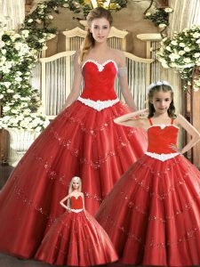 Red Tulle Lace Up Sweetheart Sleeveless Floor Length Sweet 16 Dress Beading