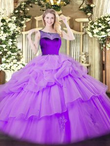Edgy Lavender Ball Gowns Scoop Sleeveless Organza Floor Length Zipper Beading and Pick Ups Quinceanera Gown