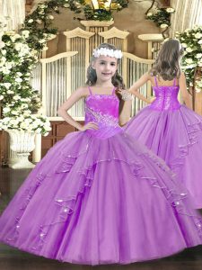 Beautiful Lilac Tulle Lace Up Straps Sleeveless Floor Length Little Girls Pageant Dress Wholesale Ruffles and Sequins