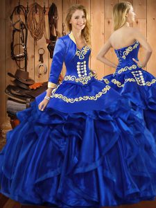 Royal Blue Sweetheart Lace Up Embroidery and Ruffles Sweet 16 Dresses Sleeveless