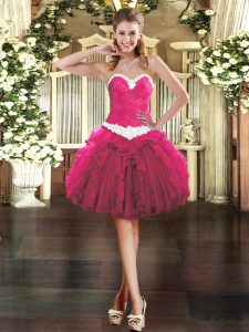 Captivating Sweetheart Sleeveless Prom Party Dress Mini Length Appliques and Ruffles Fuchsia Organza