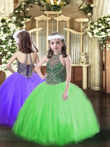 Floor Length Green Pageant Dress for Girls Tulle Sleeveless Beading