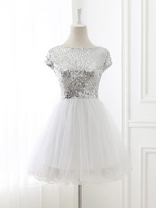 Custom Fit Cap Sleeves Tulle Mini Length Zipper Bridesmaid Dresses in White with Sequins