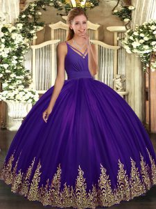 Great Purple Sweet 16 Quinceanera Dress Military Ball and Sweet 16 and Quinceanera with Appliques V-neck Sleeveless Backless