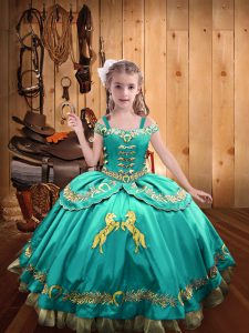 Ball Gowns Pageant Dresses Aqua Blue Off The Shoulder Satin Sleeveless Floor Length Lace Up