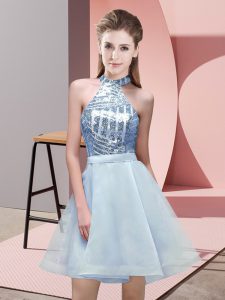 Fantastic Light Blue Sleeveless Mini Length Sequins Backless Quinceanera Dama Dress