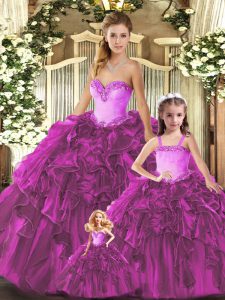 Glorious Sleeveless Organza Floor Length Lace Up 15 Quinceanera Dress in Fuchsia with Ruffles