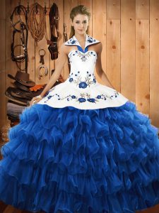 Floor Length Blue Quinceanera Gown Organza Sleeveless Embroidery and Ruffled Layers