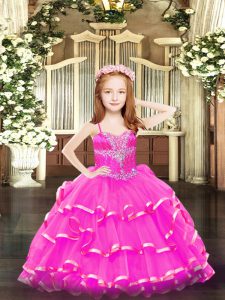 Unique Hot Pink Organza Lace Up Pageant Dress Wholesale Sleeveless Floor Length Beading and Ruffled Layers