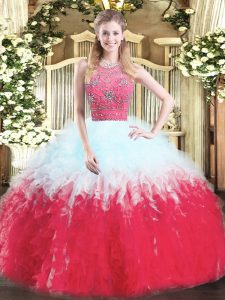 Adorable Floor Length Multi-color Sweet 16 Dresses Tulle Sleeveless Beading and Ruffles