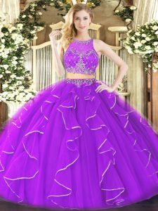 Gorgeous Purple Zipper Quinceanera Dresses Ruffles Sleeveless Floor Length