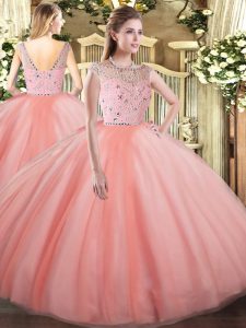 Tulle Bateau Sleeveless Zipper Beading Quinceanera Gowns in Peach