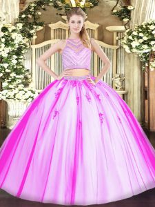 Custom Made Rose Pink Two Pieces Scoop Sleeveless Tulle Floor Length Zipper Beading Quinceanera Dresses