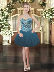 Teal Lace Up Sweetheart Beading Prom Dress Tulle Sleeveless