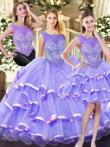 Exquisite Sleeveless Floor Length Beading and Ruffled Layers Zipper Sweet 16 Dresses with Lavender