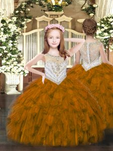 Fantastic Floor Length Zipper Little Girl Pageant Dress Brown for Party and Quinceanera with Beading