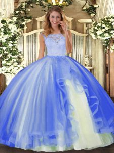 New Style Sleeveless Tulle Floor Length Clasp Handle Vestidos de Quinceanera in Blue with Lace and Ruffles