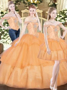 Excellent Orange Red Sleeveless Beading and Ruffled Layers Floor Length Quinceanera Dress