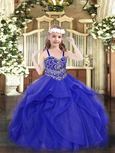 Tulle Sleeveless Floor Length Child Pageant Dress and Beading and Ruffles