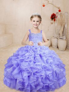 Classical Lavender Organza Lace Up Little Girl Pageant Gowns Sleeveless Floor Length Beading and Ruffles