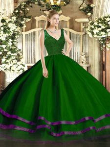 Green A-line Tulle V-neck Sleeveless Beading and Ruffled Layers Floor Length Zipper 15 Quinceanera Dress