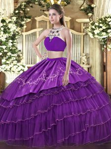 Purple Backless 15 Quinceanera Dress Beading and Embroidery and Ruffled Layers Sleeveless Floor Length