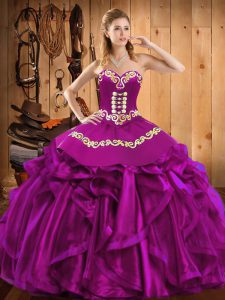 On Sale Satin and Organza Sweetheart Sleeveless Lace Up Embroidery and Ruffles Ball Gown Prom Dress in Fuchsia
