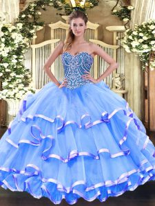 Exceptional Baby Blue Sweetheart Neckline Beading and Ruffled Layers Vestidos de Quinceanera Sleeveless Lace Up