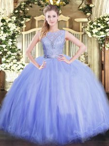 Sleeveless Tulle Floor Length Backless Quinceanera Dresses in Lavender with Lace