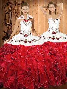 Popular White And Red Ball Gowns Halter Top Sleeveless Satin and Organza Floor Length Lace Up Embroidery and Ruffles Quince Ball Gowns