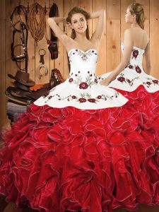 Hot Sale Halter Top Sleeveless Lace Up Sweet 16 Dress White And Red Satin and Organza