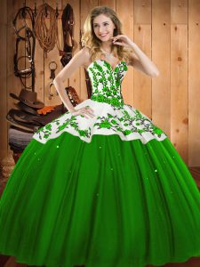 Floor Length Green Quinceanera Dress Satin and Tulle Sleeveless Appliques and Embroidery