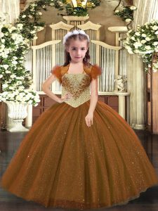 Glorious Tulle Straps Sleeveless Lace Up Beading Kids Pageant Dress in Brown